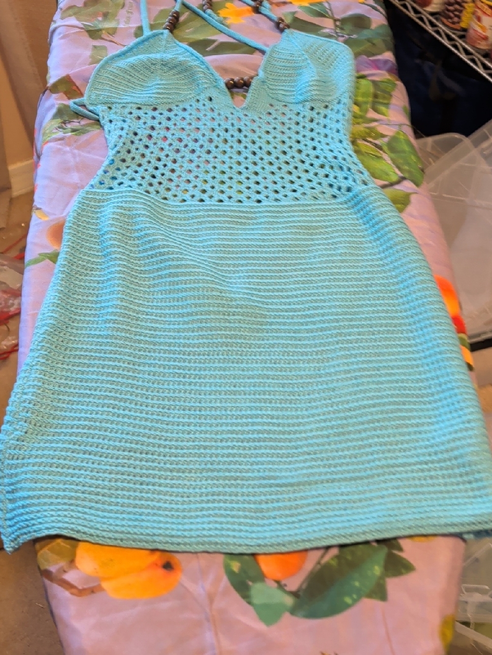 Amazon Light Turquoise Crochet Mini Dress with Beaded Straps